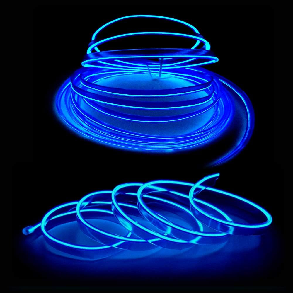 El Wire Blue Interior Car LED Strip Lights, 3M Neon Wire USB 5V with Fuse Protection for Automotive Interior Decoration, with 6Mm Sewing Edge